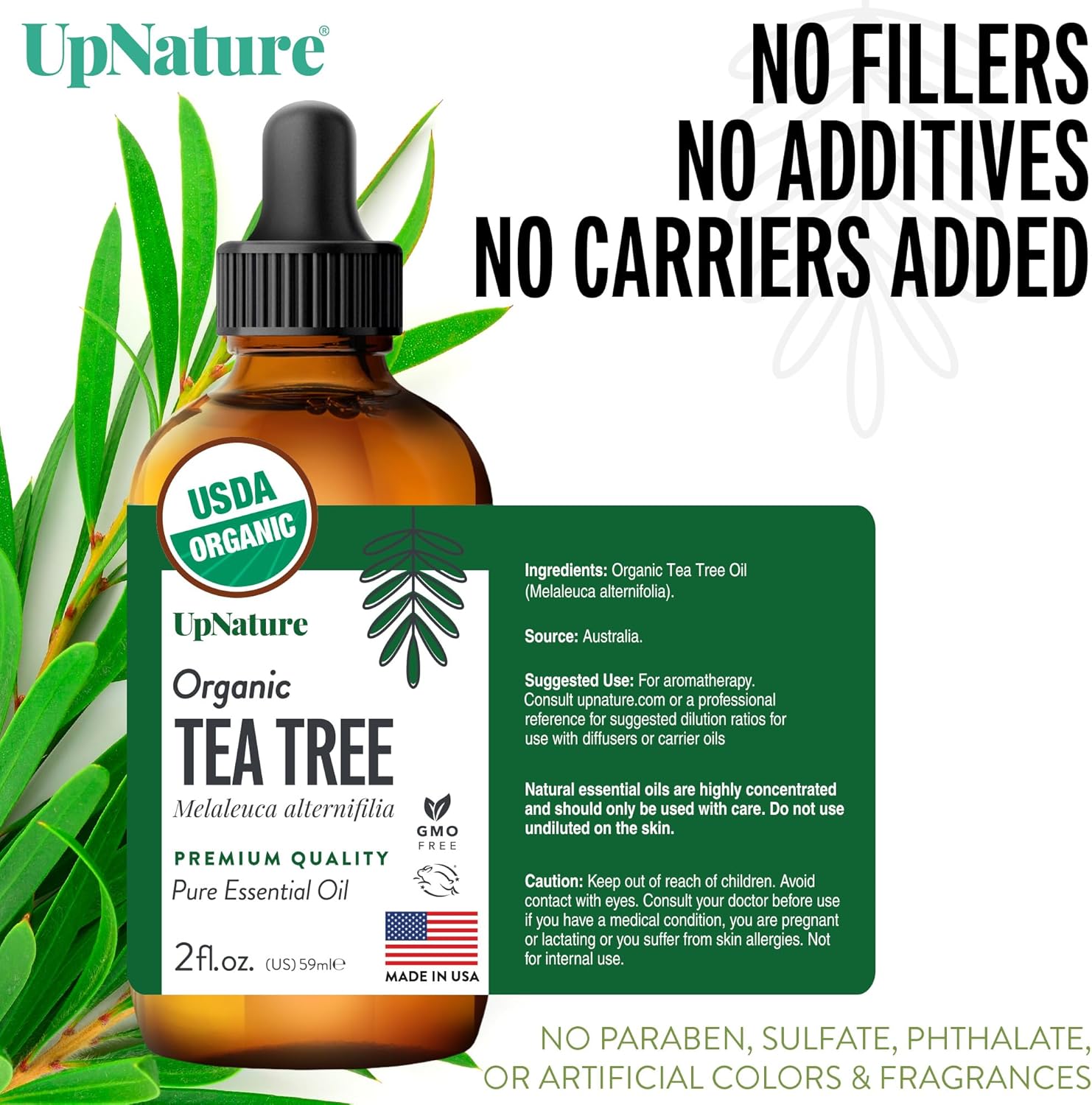 UpNature Organic Tea Tree Oil - 100% Pure Tea Tree Essential Oil for Skin, Toenail & Hair, 2oz