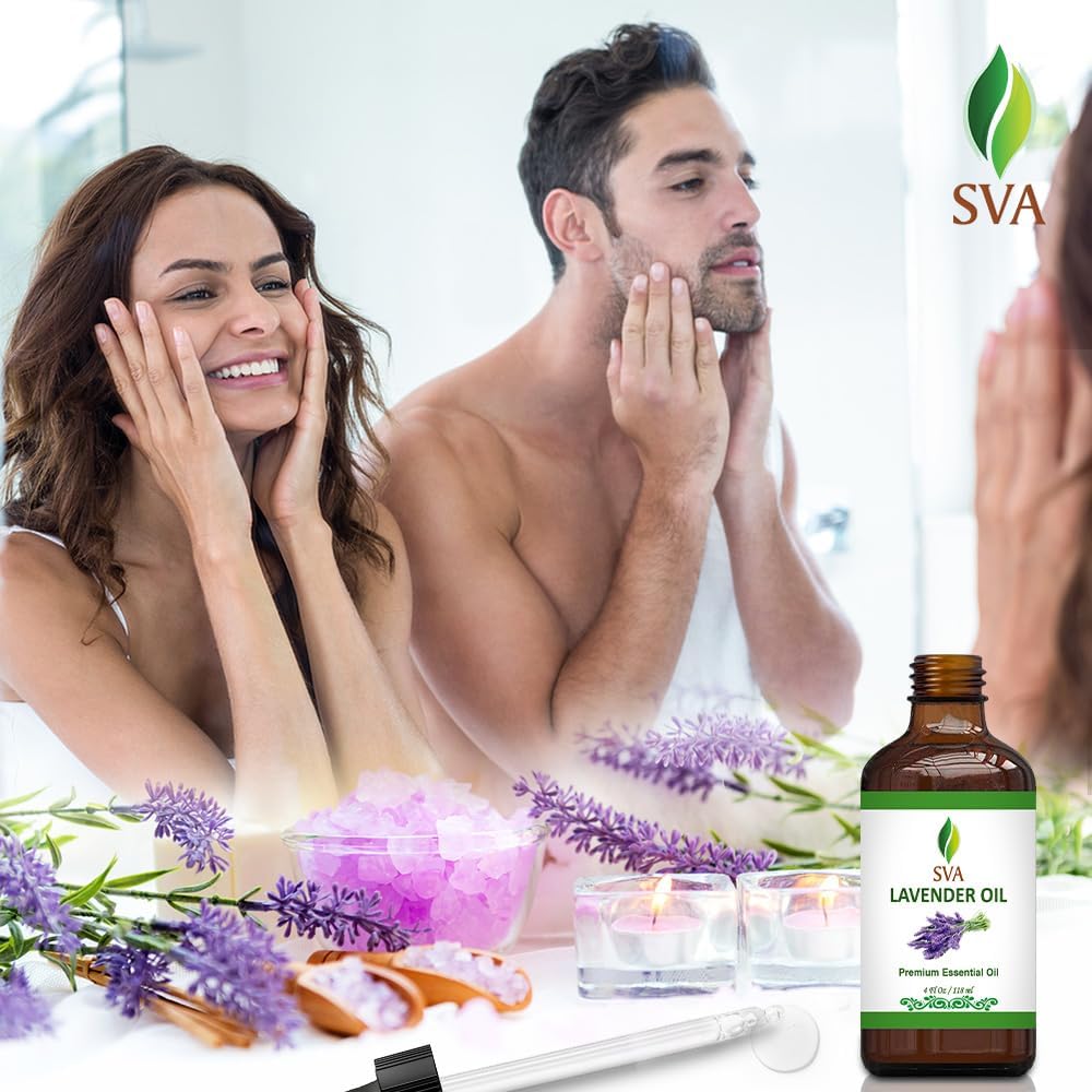 SVA Lavender Essential Oil – 4 Fl Oz – 100% Natural Lavender Oil - for Diffuser, Hair Care, Face, Skin Care, Aromatherapy, Scalp and Body Massage, Soap and Candle Making – with Dropper