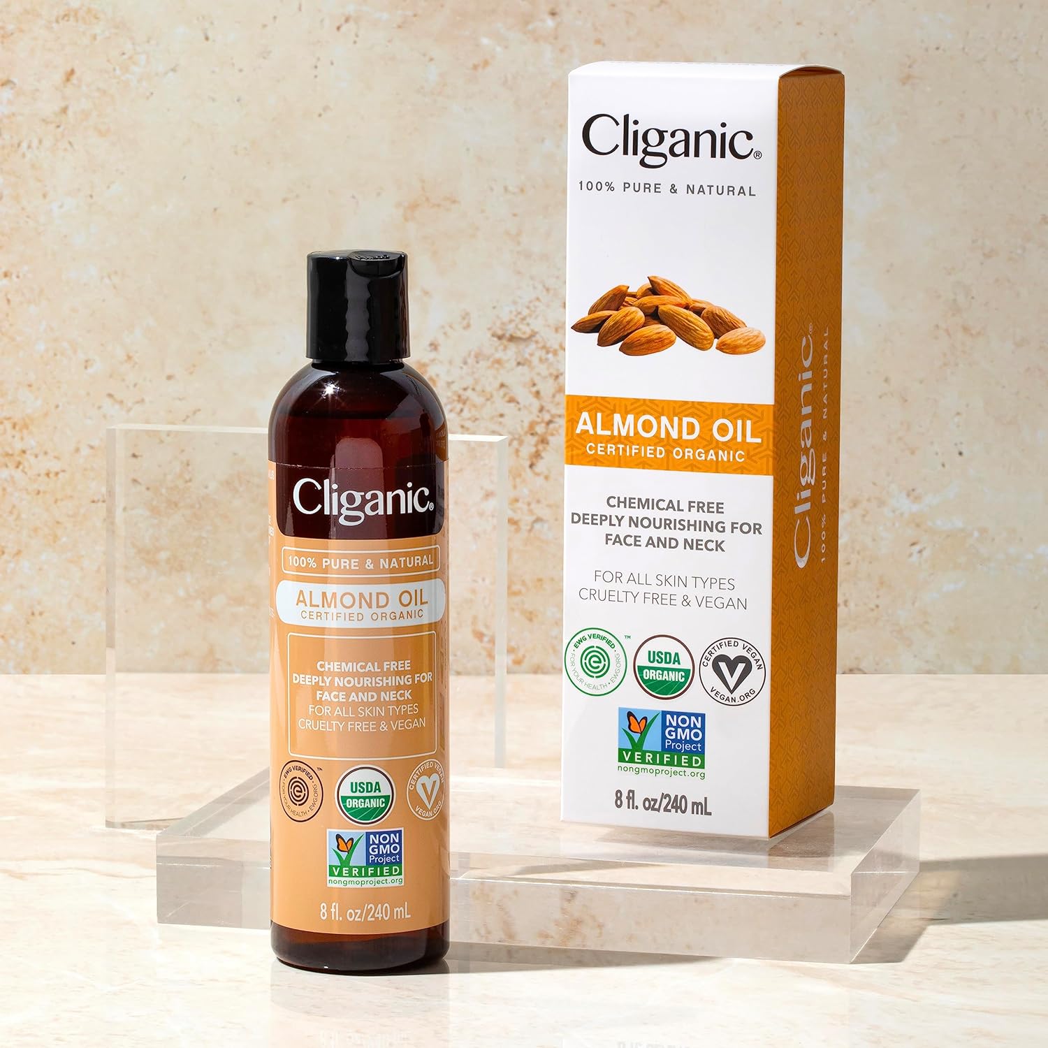 Cliganic Organic Sweet Almond Oil, 100% Pure (8oz) - for Skin & Hair, Nourishing Carrier Oil for Face & Body